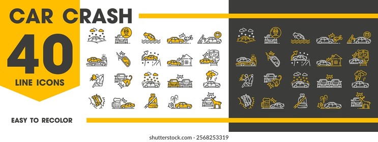 Car crash icons, traffic accident and vehicle collision or damage, vector line symbols. Automobile transport accidents icons for insurance from natural disaster, drunk driver or collision with animals