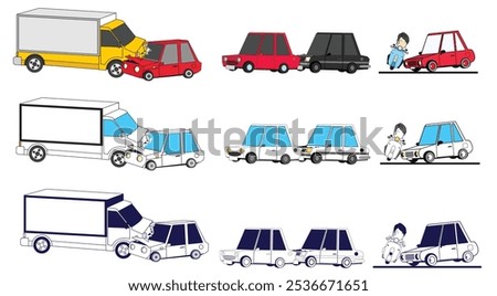 Car Crash Illustrations:  A set of nine diverse cartoon illustrations depicting various car accidents, showcasing different collision scenarios with cars and trucks. Perfect for safety manuals.