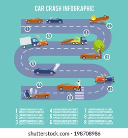 Car Crash Infographic Set With Damaged Auto Burning Vehicle Vector Illustration