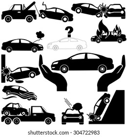 Car crash and car insurance icons in silhouette. In vector style