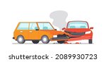 Car Crash and Insurance Situation, Road Collision, Accident. Damaged Transport in City, Drive Disaster. Two Smashed Vehicles with Damaged Body and Smoke, Urban Traffic Scene. Vector Illustration