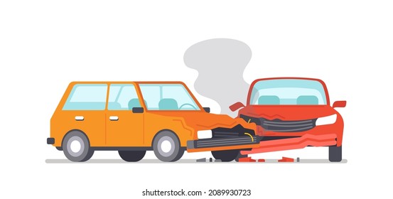 Car Crash and Insurance Situation, Road Collision, Accident. Damaged Transport in City, Drive Disaster. Two Smashed Vehicles with Damaged Body and Smoke, Urban Traffic Scene. Vector Illustration