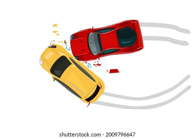 Car crash isolated on white background. Road collisition. Road accident icon. Damaged transport.City drive disaster. Two smashed vehicles top view. Two cars involved in a car wreck.Vector illustration
