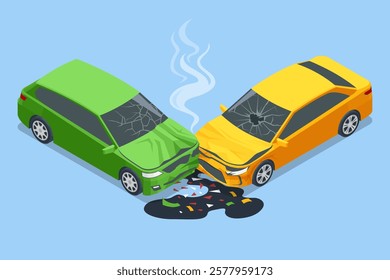 Car crash. Isometric vector of a collision between a green and yellow car, with smoke rising from the green car. Broken glass and oil spill visible on the ground