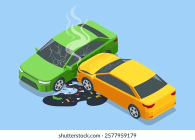 Car crash. Isometric vector of a collision between a green and yellow car, with smoke rising from the green car. Broken glass and oil spill visible on the ground