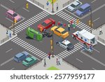 Car crash. Isometric vector illustration of a car accident at an intersection, with police and ambulance present. Injured individuals receiving assistance from paramedics