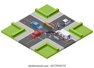 Car crash. Isometric vector illustration of a car accident at an intersection, with police and ambulance present. Injured individuals receiving assistance from paramedics