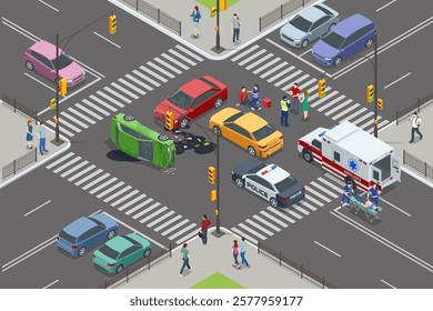 Car crash. Isometric vector illustration of a car accident at an intersection, with police and ambulance present. Injured individuals receiving assistance from paramedics