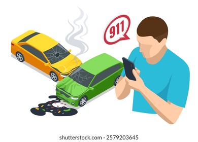 Car crash. Isometric vector illustration of a car accident with two damaged cars. A man in a blue shirt is calling emergency services, with a 911 speech bubble above him. Smoke and oil spill visible