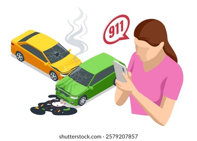 Car crash. An isometric vector illustration of a car accident with two damaged cars. A woman is calling emergency services, with a 911 speech bubble above him. Smoke and oil spill visible