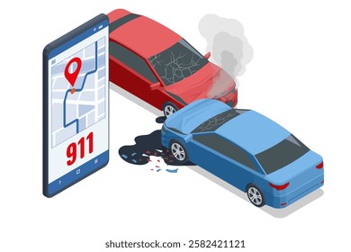 Car crash. Isometric vector illustration of a car accident with two damaged cars. Calling emergency services, with a 911 speech bubble above him. Smoke and oil spill visible