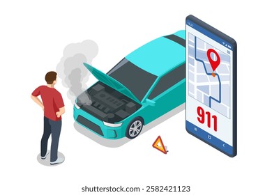 Car crash. Isometric vector illustration of a car accident with two damaged cars. Calling emergency services, with a 911 speech bubble above him. Smoke and oil spill visible