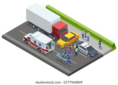 Car crash. Isometric vector scene of a road accident involving a truck, car, police, and ambulance. Paramedics assist an injured person while police document the accident.