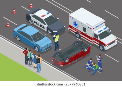 Car crash. Isometric vector showing a car flipped over near on road. Police and paramedics are assisting an injured individual, with a police car and ambulance nearby.