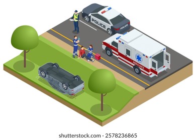 Car crash. Isometric vector showing a car flipped over near a rural road. Police and paramedics are assisting an injured individual, with a police car and ambulance nearby