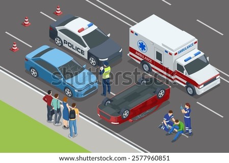 Car crash. Isometric vector showing a car flipped over near on road. Police and paramedics are assisting an injured individual, with a police car and ambulance nearby.