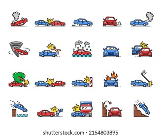 Car crash line icons of damage, collision, failure, obstacle and disaster. Road traffic accidents and weather damages auto insurance isolated signs with cars, truck, bicycle and pedestrian collisions