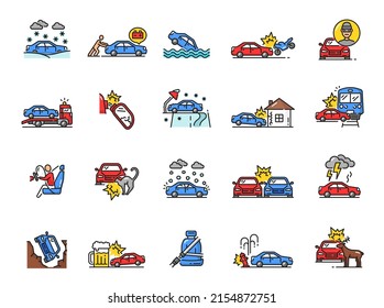 Car crash line icons, damage, collision, failure, obstacle, disaster of auto insurance vector symbols. Color linear broken vehicles, automobiles and motorcycle, road traffic accidents, weather damage