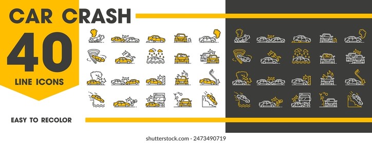 Car crash line icons of traffic accident and vehicle collision on road, vector symbols. Car crash accidents icons for insurance of auto damage from natural disaster of weather, bicycle and transport