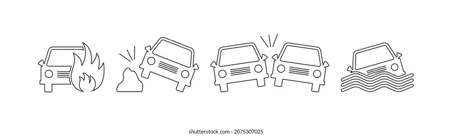 Car crash line vector icon. Cars accident insurance set. Black silhouettes isolated on white background. Simple illustration