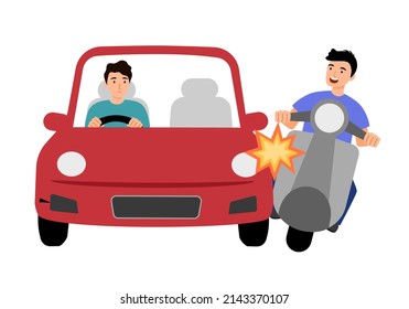 Car crash with motorbike accident in flat design on white background. Angry driver. 