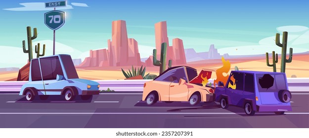 Car crash on canyon desert highway. Vector cartoon illustration of two autos collision on road, fire and smoke above damaged hoods, cactus and stone rocks on background, traffic rules violation