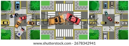 Car crash on city intersection street top view. Road accident with police and ambulance. Traffic safety and emergency response concept.