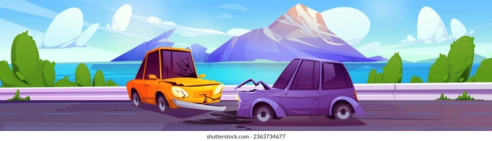 Car crash on mountain lake highway. Vector cartoon illustration of two autos collision on road, cracks on damaged hoods, green trees along riverside way, traffic rules violation, drunk driving danger