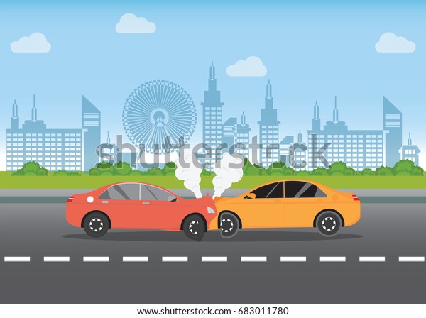Car crash on the road, car accident with\
Red and yellow cars are broken in the city landscape, road accident\
conceptual vector\
illustration.