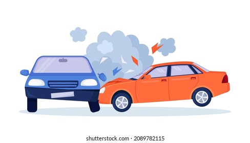 Car crash on the road. Red and blue cars are broken in the city. Road traffic accident. Smashed cars on highway. Collision of vehicles. Automobiles damaged. Vector illustration