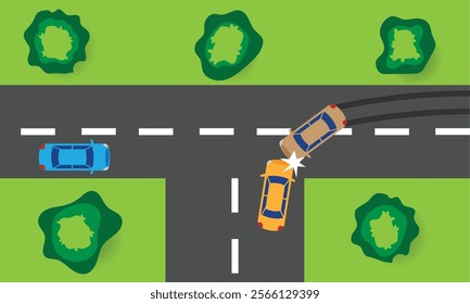 Car Crash on the Road Top View. Vehicles colliding at a junction. Transportation means and dangerous driving vector art