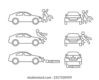 Car crash with people, accident of transport, line art icon set. Collision with an obstacle person. Knock down pedestrian. Vector outline illustration