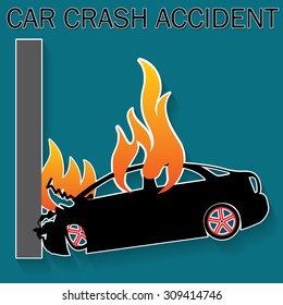 Car crash pole accident and burning car in Silhouette mode on vector style