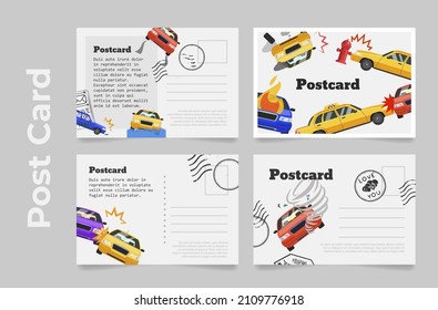 Colección de plantillas de postales de choque de coche con lugar para ilustración plana de vector de texto. Establezca el diseño decorativo de la tarjeta en blanco de franqueo de accidentes de automóvil con sello. Folleto de papel multipropósito de Creative EDDM