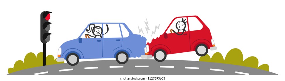 Car Crash, Rear End Collision, Stick People In Car Accident, Angry Woman Shouting At Man, Traffic Light, Banner, Isolated On White Background