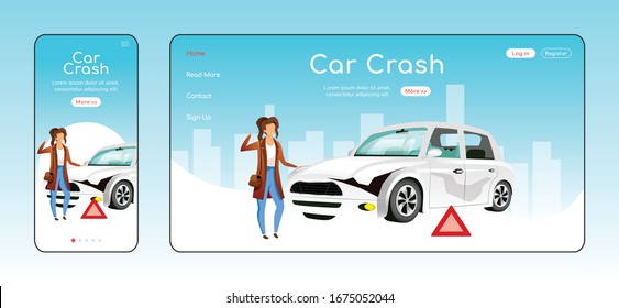 Vektorillustration-Vorlage für den Autoabsturz Notsituation hilft Homepage-Layout. Eine Seite Website-UI mit Cartoon-Charakter. Plattformübergreifendes Design der anpassungsfähigen Webseite für Straßenverkehrsunfälle