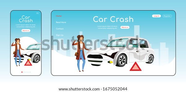 Car crash responsive landing page flat vector\
template. Emergency situation help homepage layout. One page\
website UI with cartoon character. Road accident adaptive webpage\
cross platform design