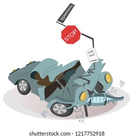 Car crash and road signs illustration. Car crashed into a road signs isolated illustration 
