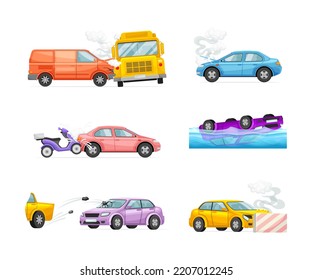Car Crash and Road Traffic Accidents in Different Situation Vector Set