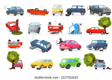 Car Crash and Road Traffic Accidents in Different Situation Big Vector Set