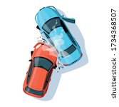 Car crash semi flat RGB color vector illustration. Road collisition. Road accident. Damaged transport. City drive disaster. Two smashed vehicles isolated cartoon objects top view on white background