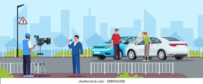 Car crash semi flat vector illustration. Reportage from highway. Television crew members. Tv cameraman with modern equipment. Breaking news 2D cartoon characters for commercial use svg