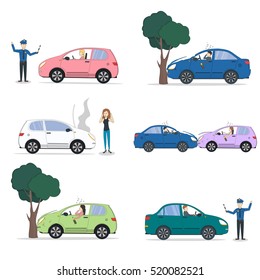 Car crash set. Different situations on the road. Traffic collisions. Tow truck. Head-on collision. Car accidents.