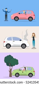 Car crash set. Different situations on the road. Traffic collisions. Car accidents.