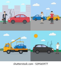 Car crash set. Different situations on the road. Traffic collisions. Car accidents.