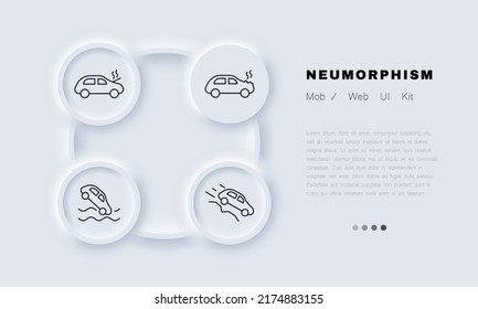 Car Crash Set Icon. Fire, Smoke, Accident, Breakdown, Repair, Breakage, Serpentine, Descent, Road Sign. Traffic Rules Concept. Neomorphism Style. Vector Line Icon For Business And Advertising