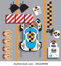 Car crash test in lab garage. View from above. Vector illustration. Applique with realistic shadows.