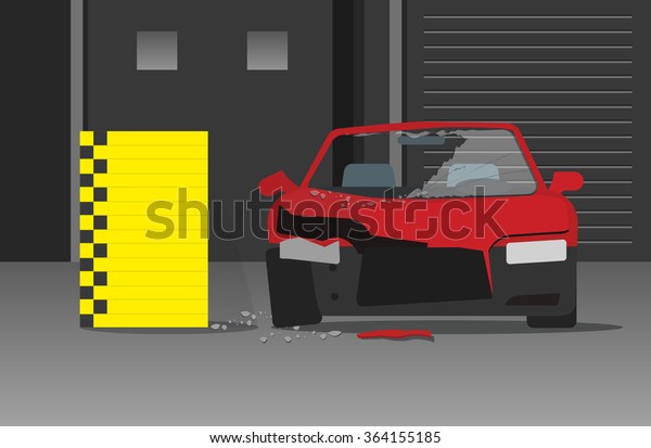 Car\
crash test vector illustration in dark garage, concept of car\
accident experiment, safety research, testing laboratory, crime,\
crashed car engineering analysis centre flat\
cartoon