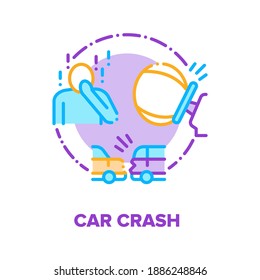 Coche Crash, Tráfico Accident Vector Icon Concept. Choque De Automóviles, Despliegue De Airbag, Lesiones De Conductor Y De Pasajeros Y Conmoción, Impacto De Los Vehículos Y Daño Ilustración De Color