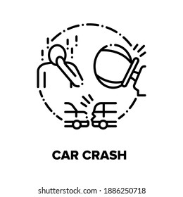 Coche Crash, Tráfico Accident Vector Icon Concept. Choque De Automóviles, Despliegue De Airbag, Lesiones De Conductor Y De Pasajeros Y Conmoción, Impacto De Los Vehículos Y Daño Ilustración Negra